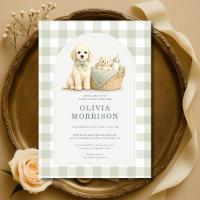 Puppy Dog Sage Green Gingham Baby Shower