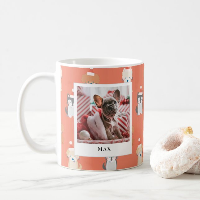 Puppy Dog Santa Pattern 2 Photo Holiday Red Mug (With Donut)