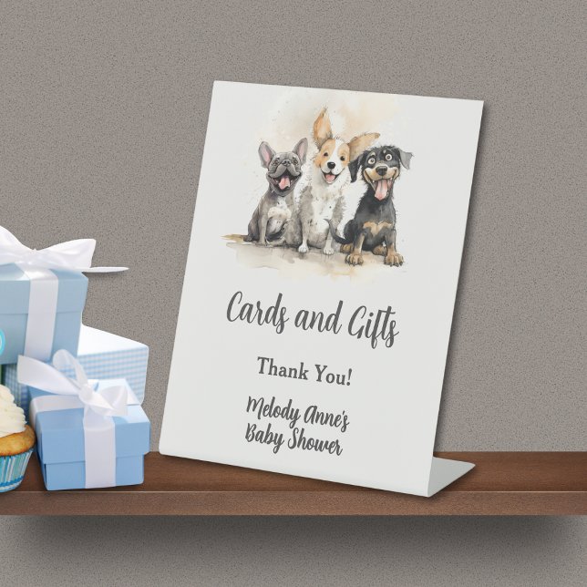 Puppy Dog Tails Boy Baby Shower Cards Gifts Pedestal Sign (Puppy Dog Tails Cards and Gifts Pedestal Sign with Trio of Playful Watercolor Pups, Mom's Name.)