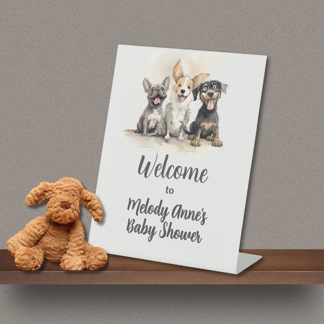 Puppy Dog Tails Boy Baby Shower Welcome Pedestal Sign (Puppy Dog Tails Baby Shower Welcome Pedestal Sign for Baby Boy Show with Mom's Name, Watercolor Pups)
