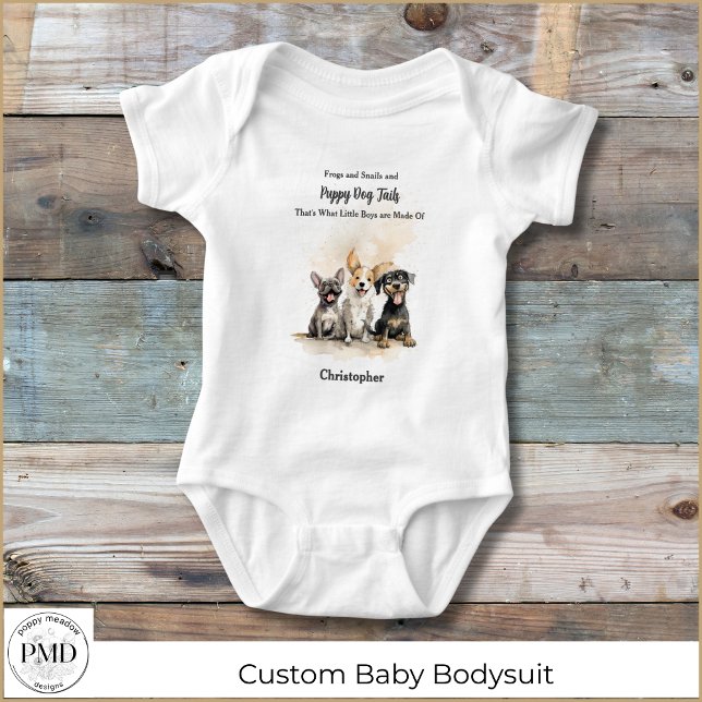 Puppy Dog Tails Rhyme Baby Boy Personalised Baby Bodysuit (Puppy Dog Tails Nursery Rhyme Baby Boy Personalized Bodysuit with Watercolor Puppies, Boy's Name.)