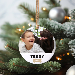 Puppy Dog Tan Bone Custom Name Christmas Photo Ornament