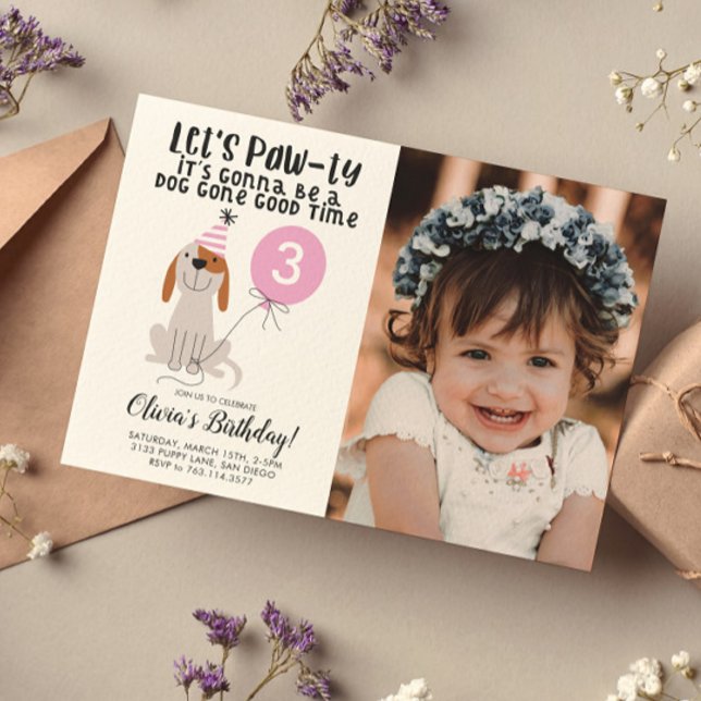 Puppy Dog Theme Birthday Party Pink Photo Invitation (Creator Uploaded)