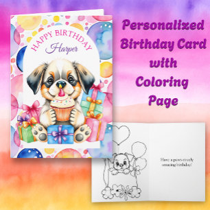 Puppy Dog with Cupcake Colouring Page Birthday Card