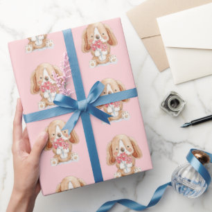 Puppy Dog with Flowers Wrapping Paper