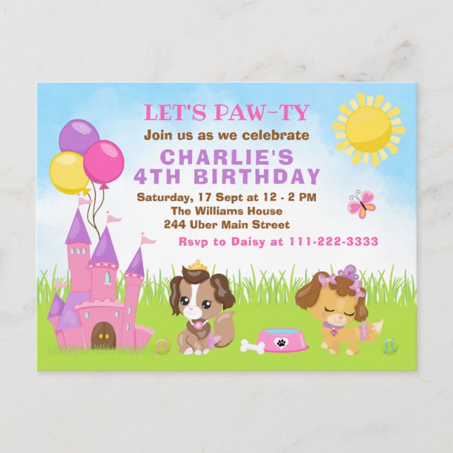 Puppy Dogs Castle Pink Birthday Party Postcard (Front)