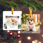 Puppy Dog's First Christmas Rustic Trees Photo Ceramic Ornament<br><div class="desc">Puppy Dog's First Christmas is the perfect take on First Christmas! Cute, Modern yet Rustic Christmas Holiday Photo Square Ornaments featuring adorable little forests of rustic Christmas trees and Merry Christmas in modern typography. Add 2 of your favorite photos for the perfect ornament! Please contact us at cedarandstring@gmail.com if you...</div>