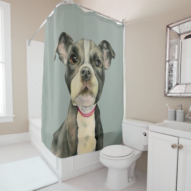 "Puppy Eyes" Pit Bull Dog Watercolor Painting Shower Curtain (In Situ)