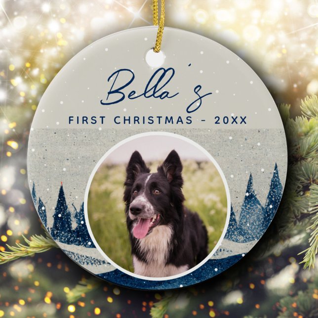 Puppy First Christmas Winter Forest Dog Photo  Ceramic Tree Decoration (Creator Uploaded)