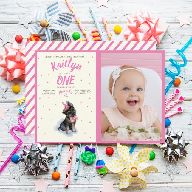 Puppy 🐶 German Shepherd Pink Birthday Photo Invitation (Puppy 🐶 German Shepherd Pink Birthday Photo Invitation)