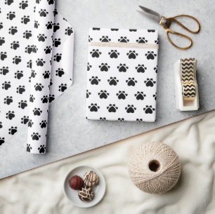 Puppy Heart Paws Pattern Black And White Wrapping Paper