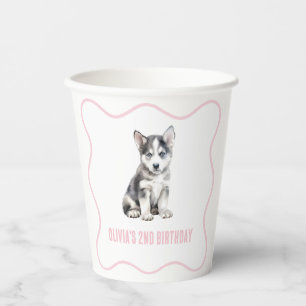 Puppy husky preppy pink plaid birthday paper cups