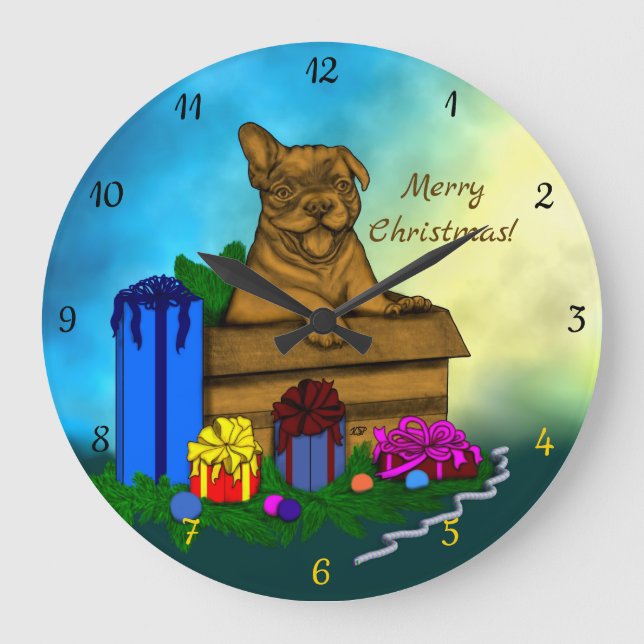 Puppy in A Box , Merry Xmas Large Clock (Front)