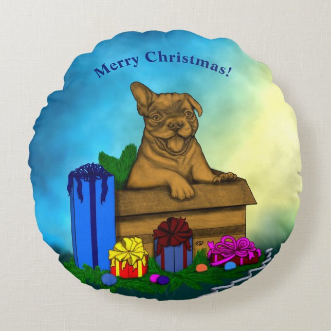 Puppy in A Box , Merry Xmas Round Cushion (Front)