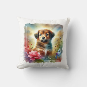 Puppy in a colorful day 040924AREF115 - Watercolor Cushion