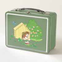 puppy in a kennel and a bone in a bowl