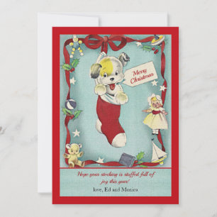 Puppy in Christmas Stocking Retro Greeting Card