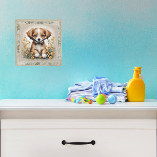 Puppy in Flowers Nursery Square Wall Clock