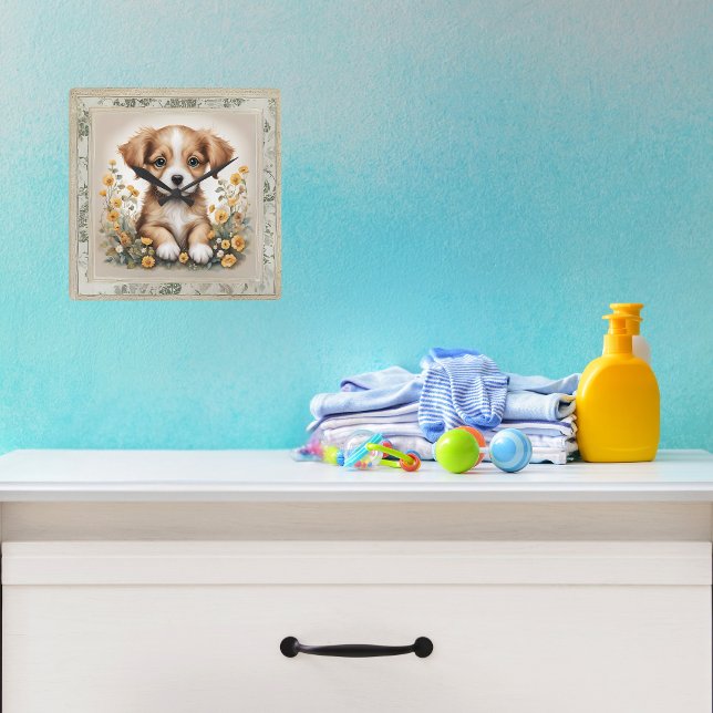 Puppy in Flowers Nursery Square Wall Clock (Creator Uploaded)