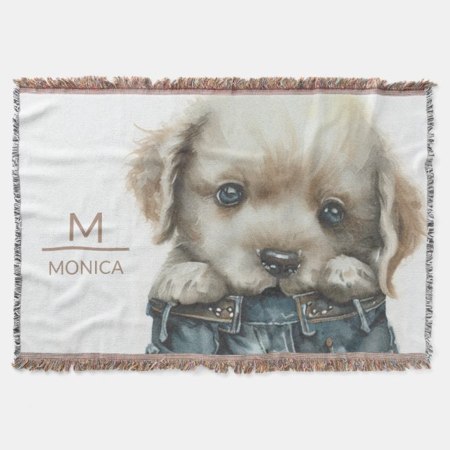 Puppy in Jeans Art Monogram Personalised Throw Blanket (Front)