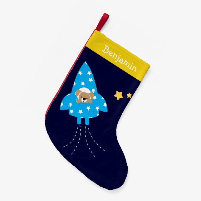 Puppy in Rocket Ship Personalised Small Christmas Stocking (Front (Hanging))
