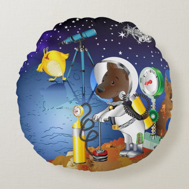 Puppy in space an alien with a telescope round cushion (Front)