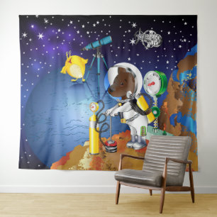 Puppy in space an alien with a telescope tapestry