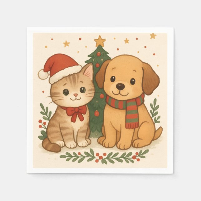 Puppy & Kitten Christmas Cheer Napkin (Front)