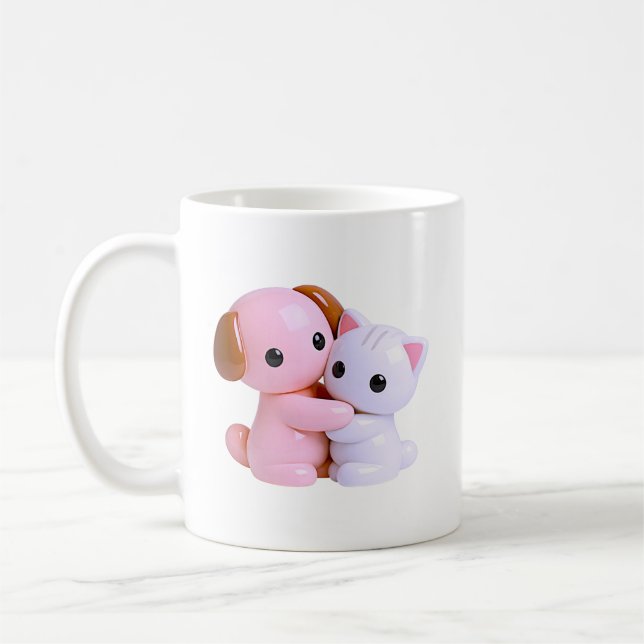 Puppy Kitten Hug Cute Kawaii Coffee Mug (Left)