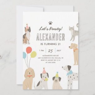 Puppy Kitten Let's Pawty Colourful Birthday Invitation
