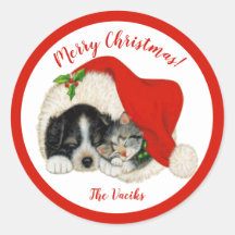 Puppy & Kitten Merry Christmas Round Stickers