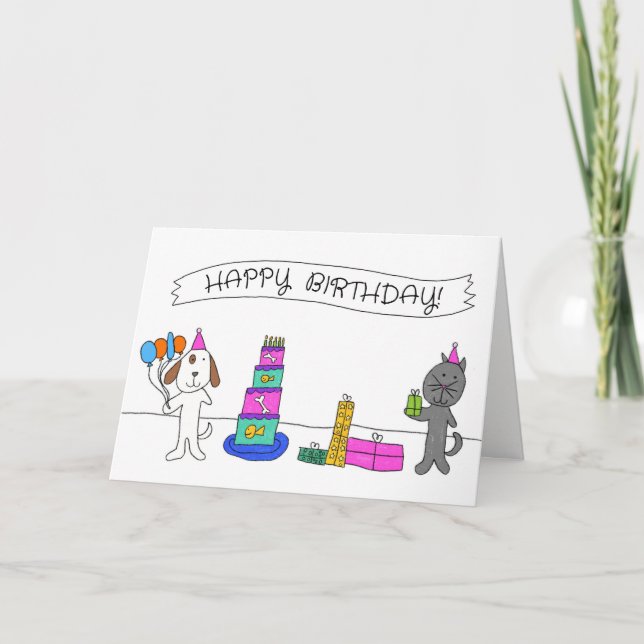 "Puppy Kitty Birthday Party" Birthday Card (Front)