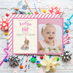 Puppy 🐶 Labrador Pink First Birthday Photo Invitation