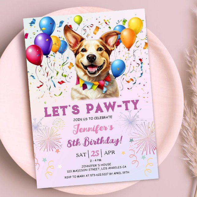 Puppy Lets Pawty Birthday Party Girl 8th Birthday Invitation (Creator Uploaded)