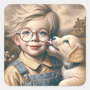 Puppy Licking Little Boy's Face Square Sticker