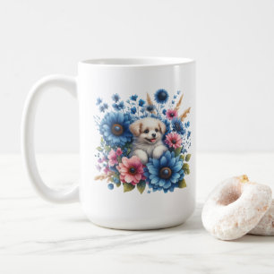 Puppy Love and Colourful Flowers Mug