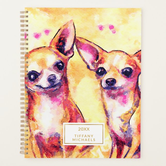 Puppy Love Cute Chihuahuas Pink Watercolor Dogs Planner (Front)