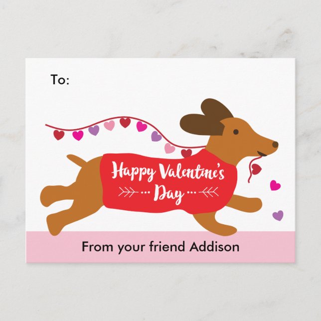 Puppy Love Dachshund Dog School Valentine Exchange Holiday Postcard (Front)