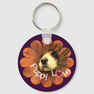 Puppy Love Peeking Out of a Flower Key Ring