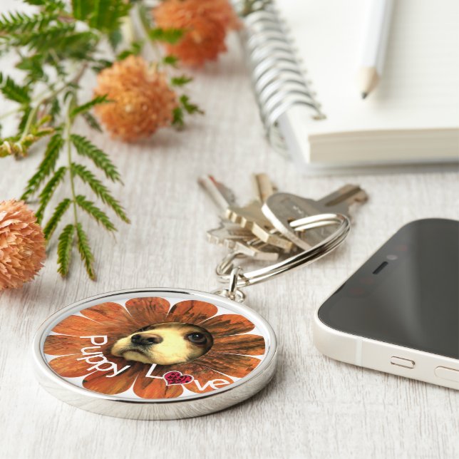 Puppy Love Peeking Out of a Flower Key Ring (Side)