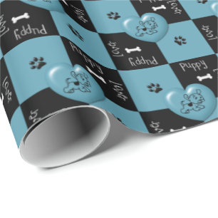 Puppy Lover Checks Blue 02-GIFT WRAPPING PAPER
