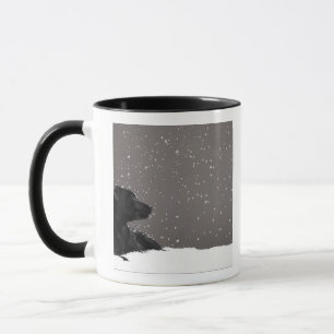 Puppy lying in snow watching snowflakes mug