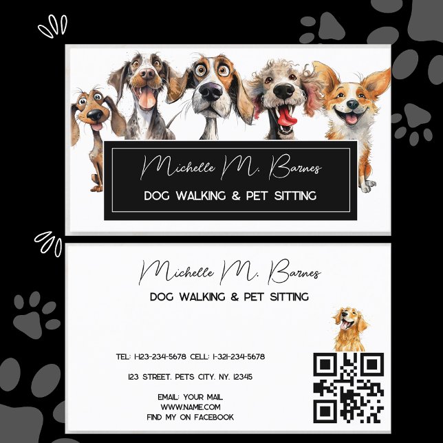  Puppy Modern Dog Walker Sitting QR Code  Business Card (Creator Uploaded)