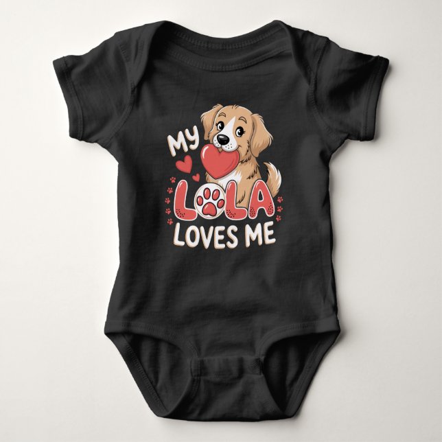  Puppy "My Lola Loves Me" Cute Dog Grandparent Baby Bodysuit (Front)
