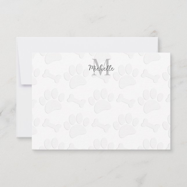 Puppy Paw Prints and Bones Personalized Monogram Card (Front)