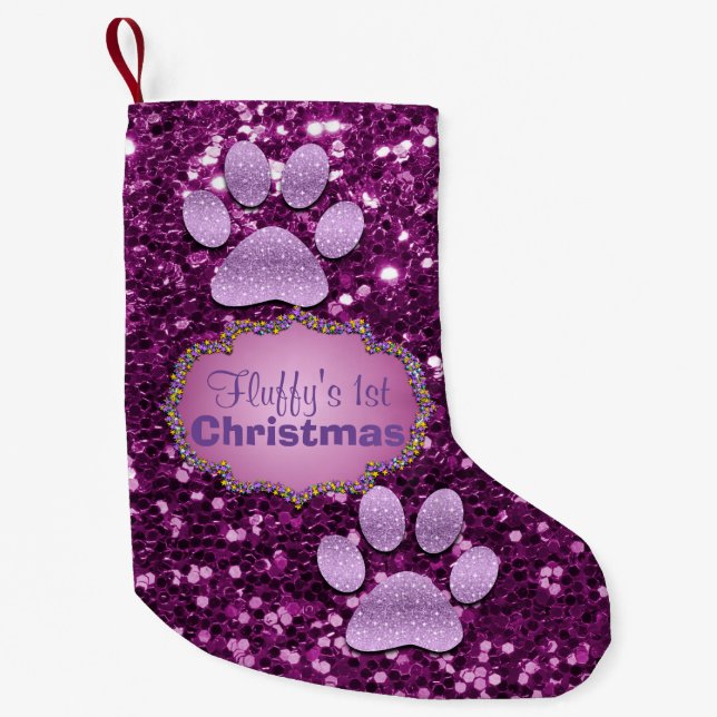 Puppy Paws Purple Faux Glitter Small Christmas Stocking (Front)