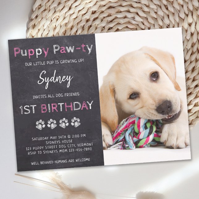 Puppy Pawty Chalkboard Pink Dog Birthday Invitation Postcard (Creator Uploaded)