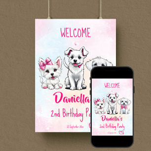 Puppy pawty cute white pink puppies welcome sign