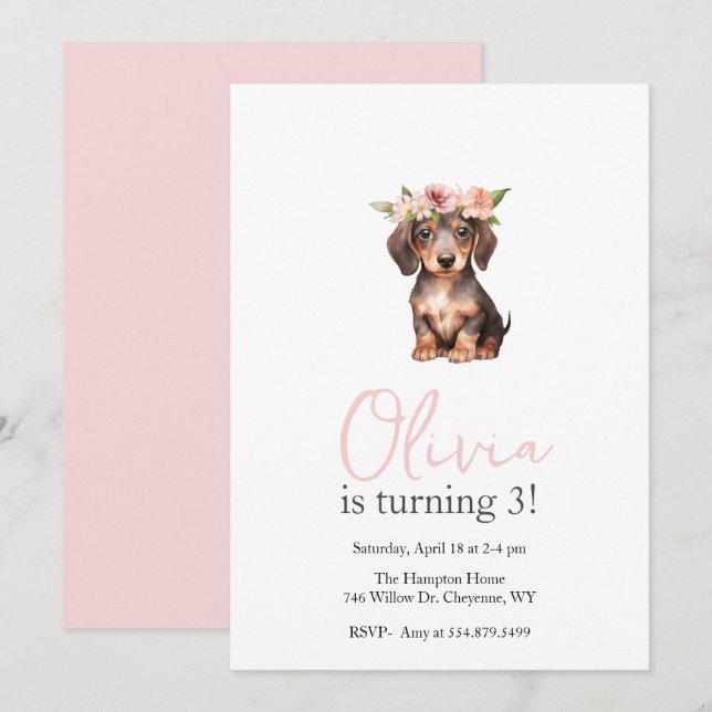 Puppy Pawty Dachshund kids Birthday Party  Invitation (Front/Back)