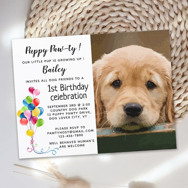 Puppy Pawty Pet Photo Dog Birthday Party Invitation Postcard (Creator Uploaded)